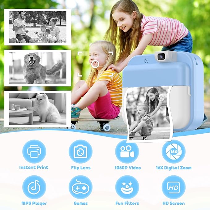 Kids Camera Instant Print - Digital Camera with Flip Lens, Birthday Gift for Boys Girls, Instant Print Photos for Toddlers HD Selfie 1080P Video, Portable Travel Toys for 4 5 6 7 8 9 10 Years Blue