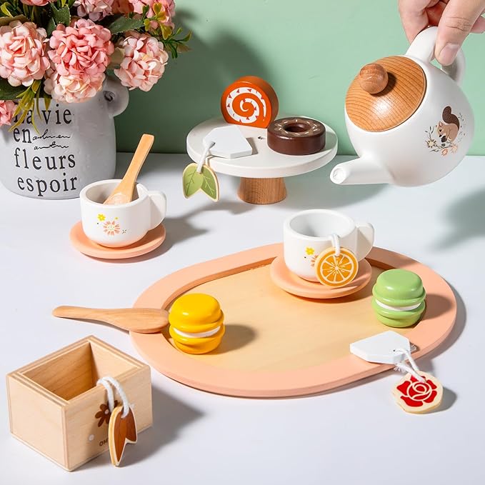 OMYBaby Wooden Tea Set for Little Girls, 19pcs Party Playset With Teapot, Cups, Dessert Stand, Macaroons, Cakes & Tray, Time Playset Pretend Play Kitchen Toys Gift for Girls & Toddlers 3Y+