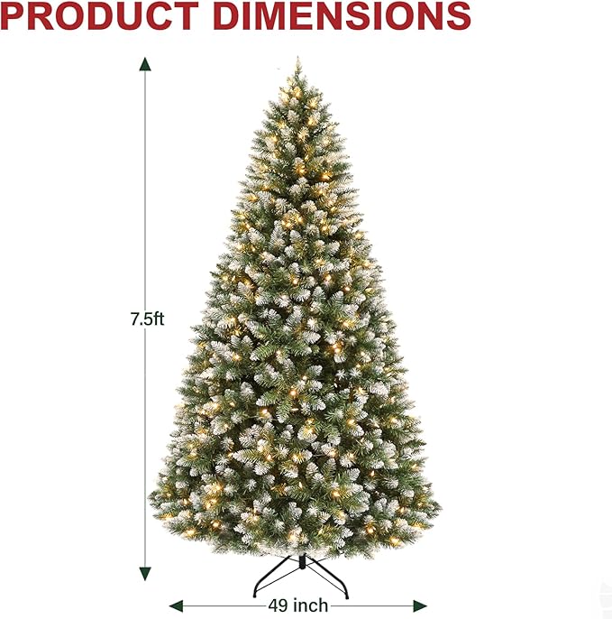 Hykolity 7.5 ft Prelit Christmas Tree, Artificial Christmas Tree with 350 Warm White Lights, 1446 Branch Tips, Metal Stand and Hinged Branches