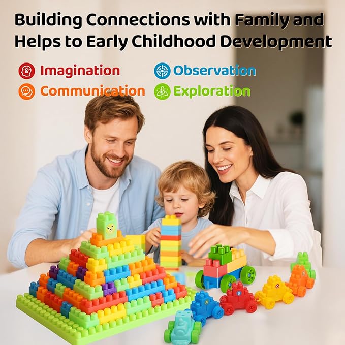 2025 Latest 177 PCS 1 * 1-1 * 3 Inch Large Building Blocks for Toddlers Ages – Brick Set with Cars & Baseplate, Educational STEM Toy for Kids,1 2 3 4 5 6 Blocks (177psc+2 Boards)