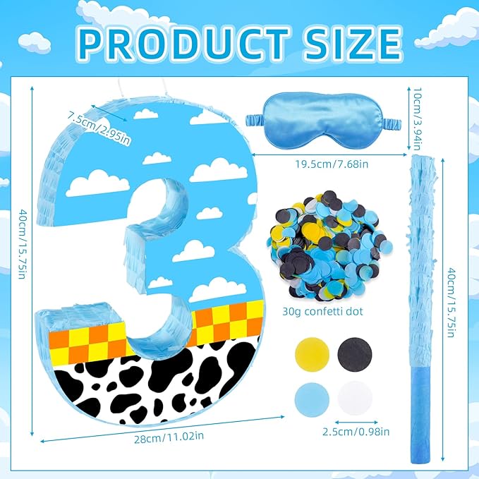 16 Inch Number 3 White Cloud Pinata with 16 Inch Piñata Stick Blindfold Confetti for Boy Girl Kids 3rd Birthday Party Decorations(3rd)