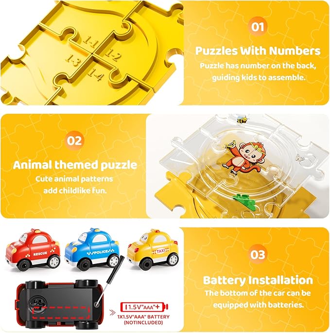 64 PCS Puzzle Race Cars Track Set Toys for Kids Boys, Puzzle Racer Kids Car Track Set Ages 3-5 4-6, Toys Gifts for 3 4 5 Year Old Boys, Ideal 3 4 5 Year Old Boys (Animals)