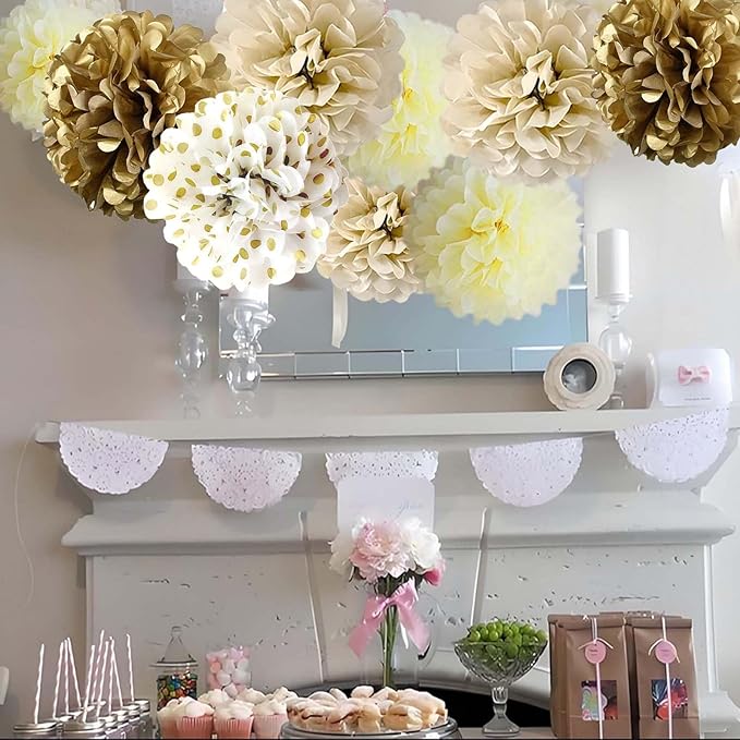 12-Piece Set of Gold and White Hanging Tissue Paper Pom Poms for Engagement, Wedding, Birthday, Bachelorette, and Bridal Shower Decorations