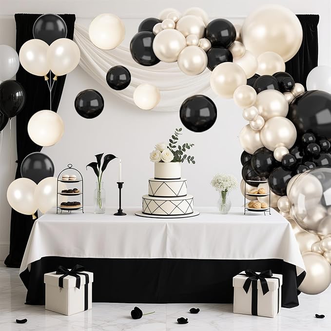 Pearl Sand White and Black Balloon Arch Kit, Double Stuffed White Sand Black Balloons Garland 18/12/10/5 Inch Pearl Balloons for Baby Shower Birthday Wedding Bridal Shower Party Decor