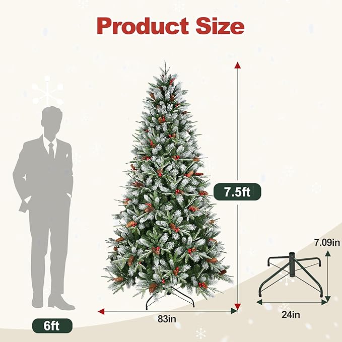 7.5 Ft Artificial Christmas Tree Pre-Decorated with Snow Flocked PVC&PE Tips, Pine Cones, Red Berries, Unlit Xmas Tree with Metal Stand for Hoilday Office Outdoor Christmas Decoration(Green White)