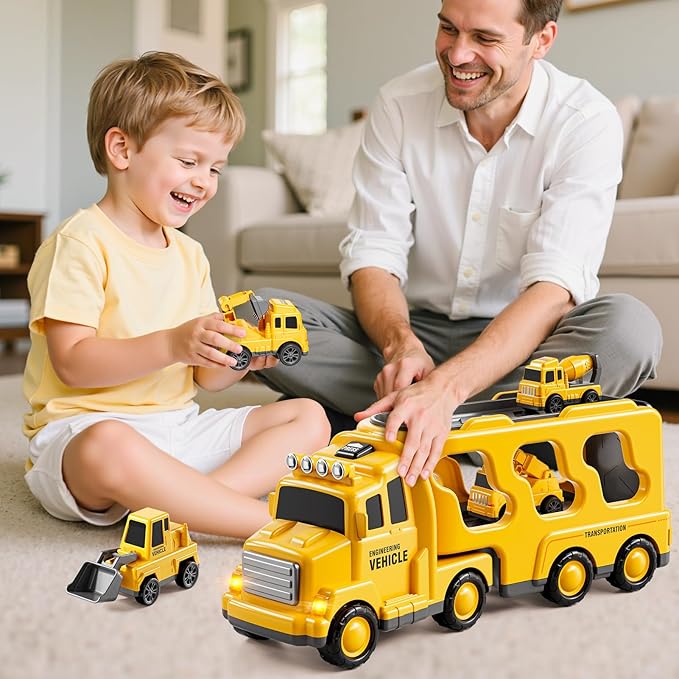 5 in 1 Construction Toys Cars for Toddler Ages 2-4, Transport Vehicle with Sounds and Lights, Excavator Toy for Boys, Christmas Birthday Gifts for Kids 2 3 4 5 6 Years Old