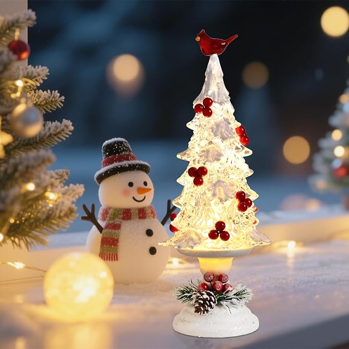 Acrylic Christmas Tree Table Decor - 14" Light up LED Christmas Tree with Cardinal, Battery Operated Warm Holiday Party Mantel Decorations Gifts for Family & Cardinal Lovers, White