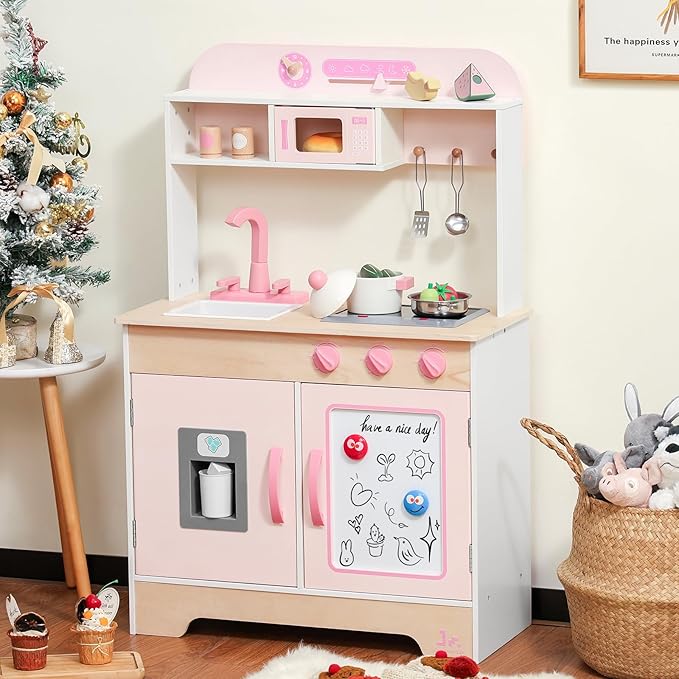 SainSmart Jr. Wooden Play Kitchen for Kids - Premium Toddler Pretend Play Cooking Set - Includes Stove, Refrigerator, and Accessories for Boys and Girls