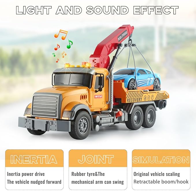 Toy Tow Truck with Crane and Car – Recovery Truck Toy for Kids Age 3 4 5 6, Construction Playset with Lights and Sounds,Birthday Gifts for Boys