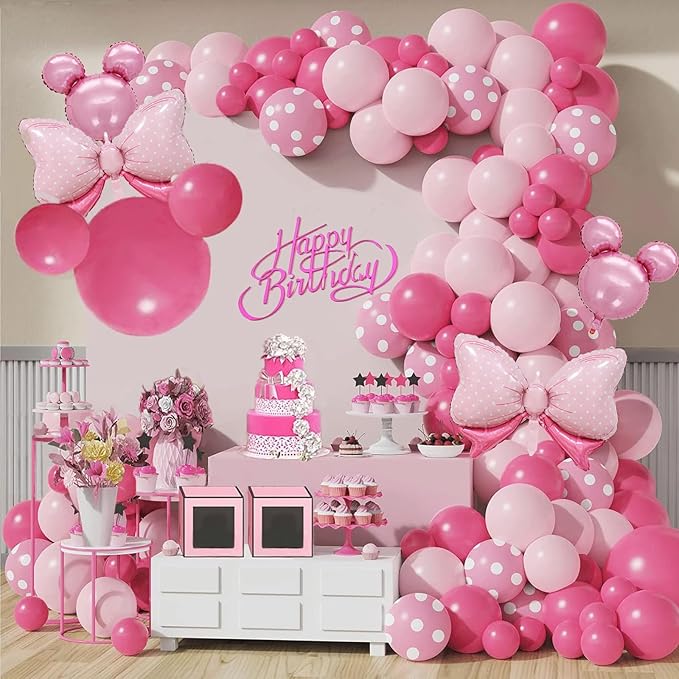 120 PCS Minnie Balloon Arch, Pink Mouse Birthday Decorations, Cute Pink Bow Balloon Arch, Oh Twodles Birthday Party Supplies, Minnie Balloons for Baby Shower Decorations