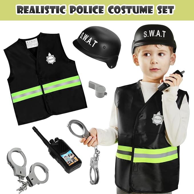 Boys Dress up Trunk Costumes Set,15pcs Pretend Role Play Set Fireman, Police, Construction Worker Costume with Accessories for Kids Ages 3-7