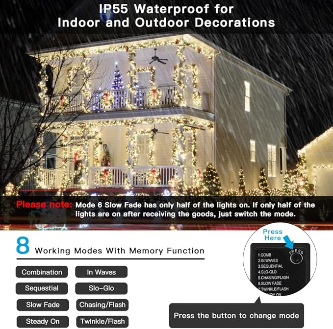 AmyHomie Warm White Christmas Lights, 108Ft 300LED Plug-in Christmas String Lights,8 Modes Waterproof Fairy String Lights for Outdoor & Indoor Christmas Tree Home Patio Garden Party Wedding Decor