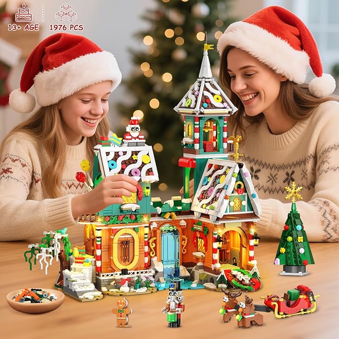 3 Style Christmas Gingerbread House Building Set with Lights - 2025 Holiday Castle Building Block Toy with Santa Claus Xmas Tree Gifts for Adults Teens Kids Girls Boy Ages 10+ (1976PCS)