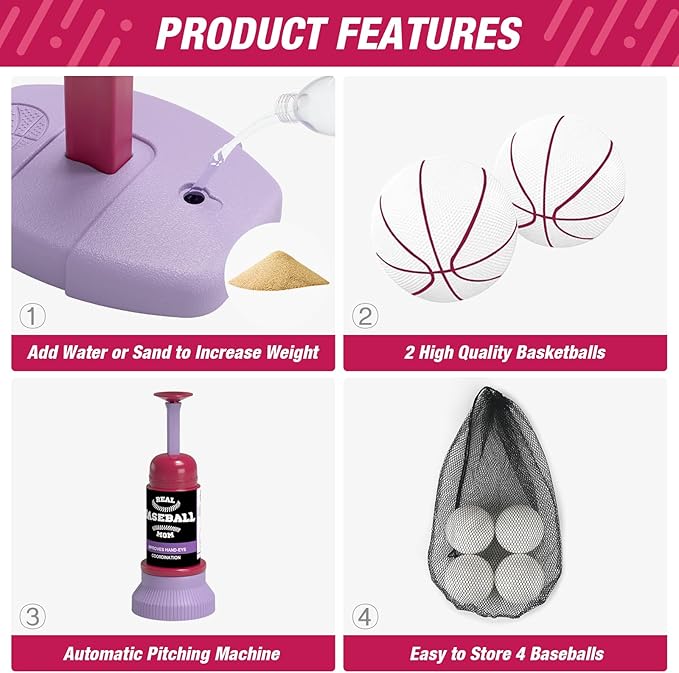 2 in 1 Kids Basketball Hoop and T Ball Set - Adjustable Height, Kids Baseball Tee with Automatic Pitching Machine, Indoor Outdoor Sport Toys Gifts for Toddler Boys Girls Age 1-5, Pink