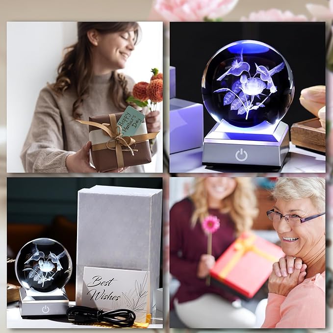 3D Hummingbird Gifts for Women, Mom - Humming Bird and Rose Crystal Ball 3.15in with Multicolor LED Light Base Collectible Figurine Home Decor