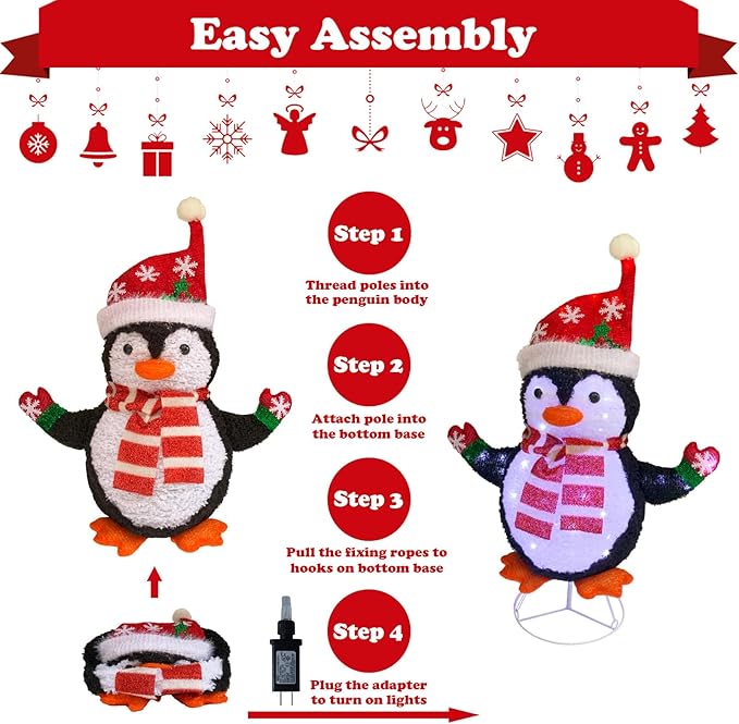Lighted Penguin Outdoor Christmas Decorations, Pop-Up Christmas Penguin Outdoor Décor Prelit 60 Lights, Collapsible Light Up Red Penguin Christmas Decorations for Home Porch, Yard, Garden-Red