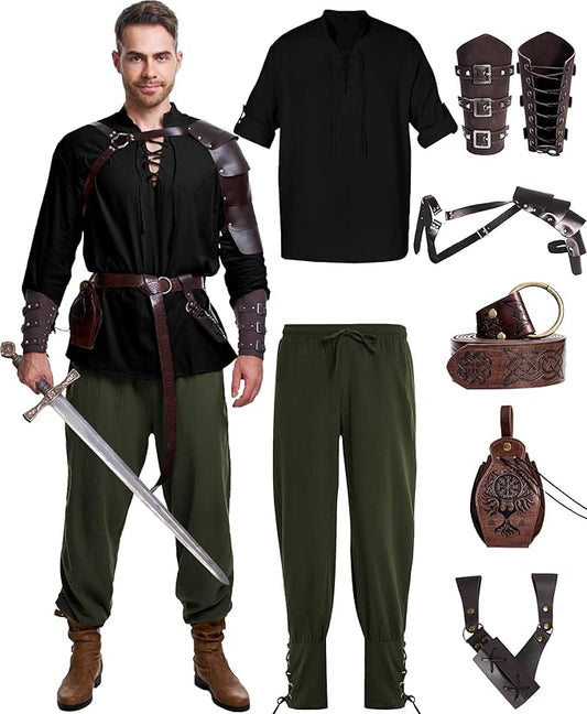 8 Pcs Men's Renaissance Costume Halloween Medieval Pirate Shirt Pant Viking Costume Accessories Set