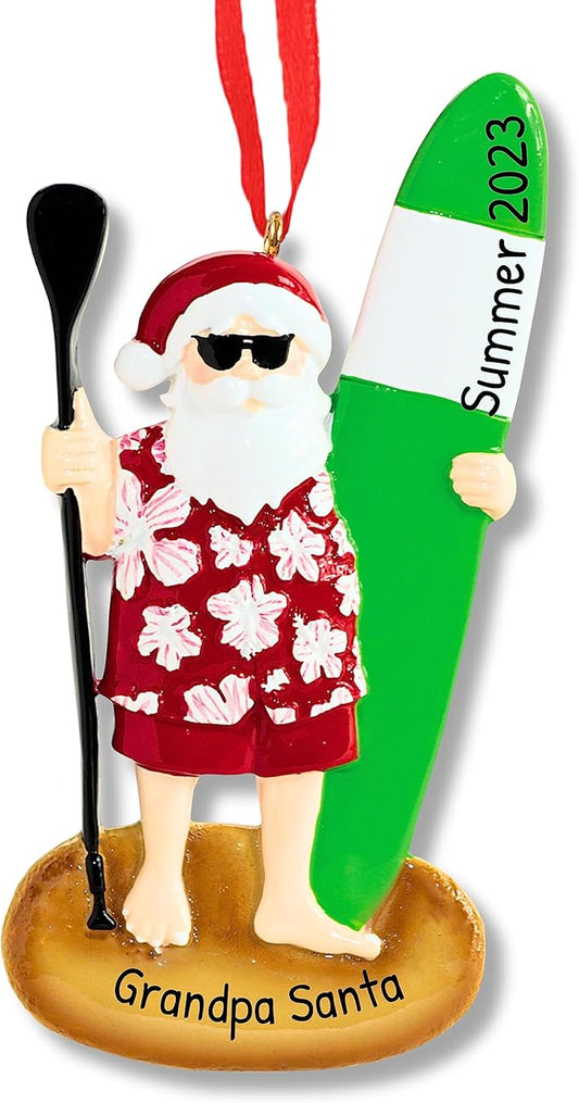 Ornaments by Elves - Personalized Paddleboard Santa Christmas Ornaments - Beach Christmas Decorations Paddle Board Surfer Santa Claus Unique Gifts for Surfers in a Giftable Packaging