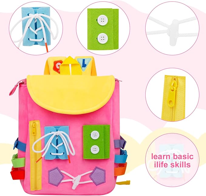 Busy Board - Toddler Backpack with Buckles and Learning Activity Toys - Develop Fine Motor Skills and Basic Life Skills - Learn to Tie Shoes - Children's Travel Toy (Pink)