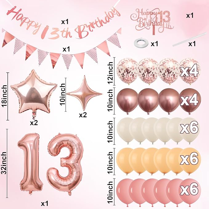 13th Birthday Decorations for Girls, Retro Pink Number 13 Balloon Set Happy 13th Birthday Banner Cake Topper Dusty Pink Beige Nude Rosegold Star Balloons for Boho 13 Year Old Bday Party Decoration