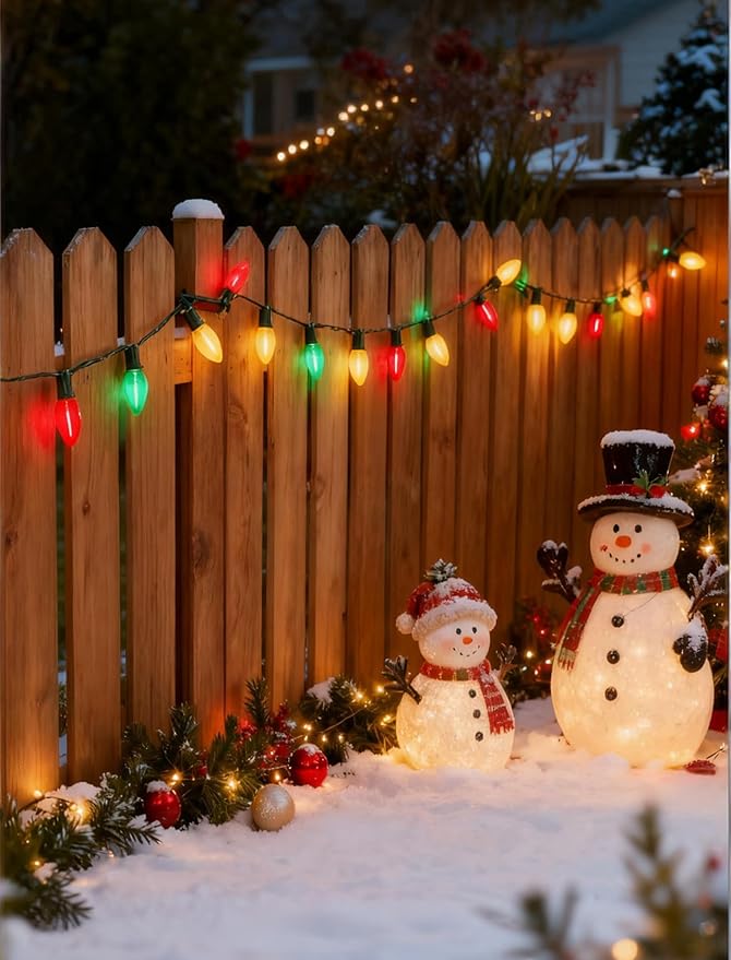 C7 LED Red White and Green Christmas Lights, 25Ft Outdoor Chritsmas String Lights Shatterproof with 27 LED Clear Multicolor Bulbs, Connectable Vintage Christmas Lights for Patio Garden Backyard Decor