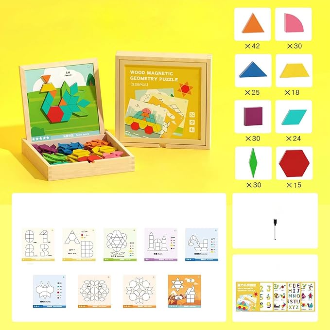 Pattern Blocks, Creative Learning Design, 22.5x22.5x3.7cm, Wooden Magnetic Educational Toys, STEM Tangram Shape Block Set, Exciting to Play, for Kids Boys Girls Home Travel Classroom