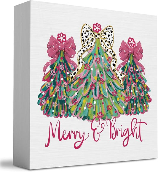 Pink Merry Christmas Wall House Decor Merry and Bright Christmas Tree Coquette Sign, Office Home Decor for Desk Table Shelf 5 X 5 inch
