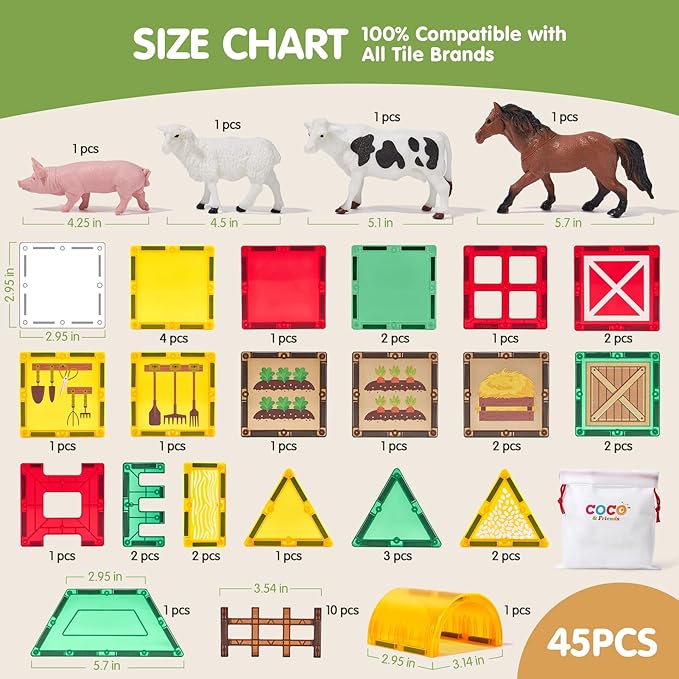 COCO&Friends Magnetic Tiles Farm Animals for Toddlers Kids Ages 2-8 - Magnetic Blocks Building STEM Toys for 3 Year Old Girl Boy Birthday Gift - Montessori Educational Construction Sensory Magnet Toys