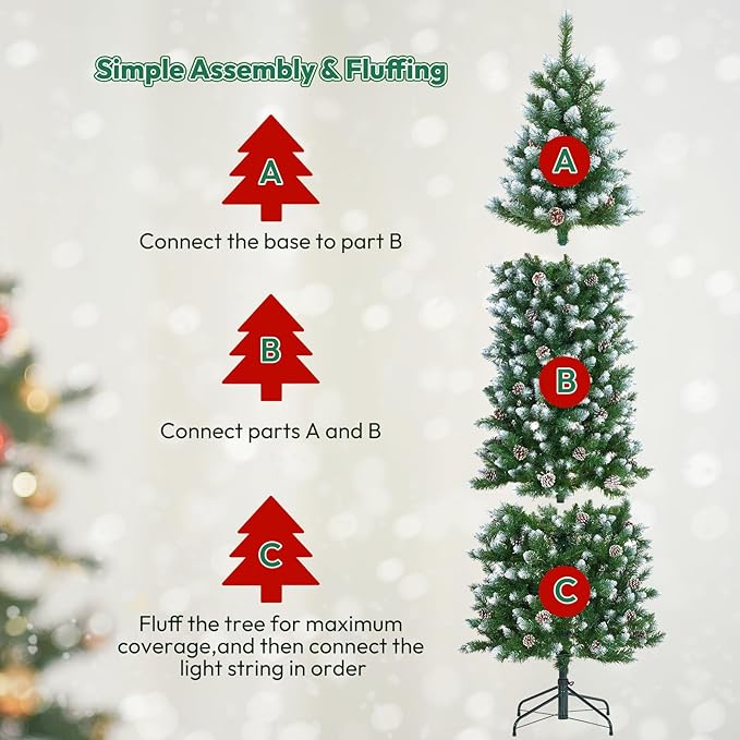 GAOMON Slim Artificial Christmas Tree, 7.5ft Pre-lit with 600 Warm White Lights, Pre-Decorated 84 Pine Cones & 900 Flocked Tips, for Home Office Party Decor (Xmas, New Years) Includes Metal Stand