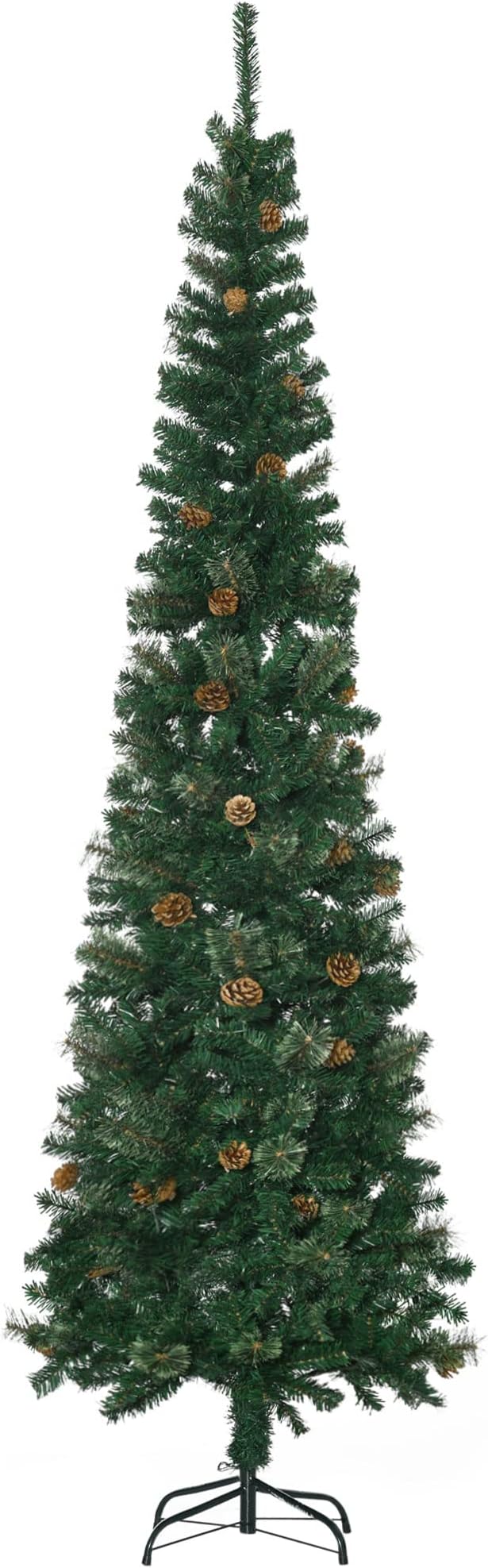 HOMCOM 7.5 Foot Pencil Artificial Christmas Tree, Slim Pine Needles Xmas Tree with Realistic Branches, Pine Cones, Metal Base, Green