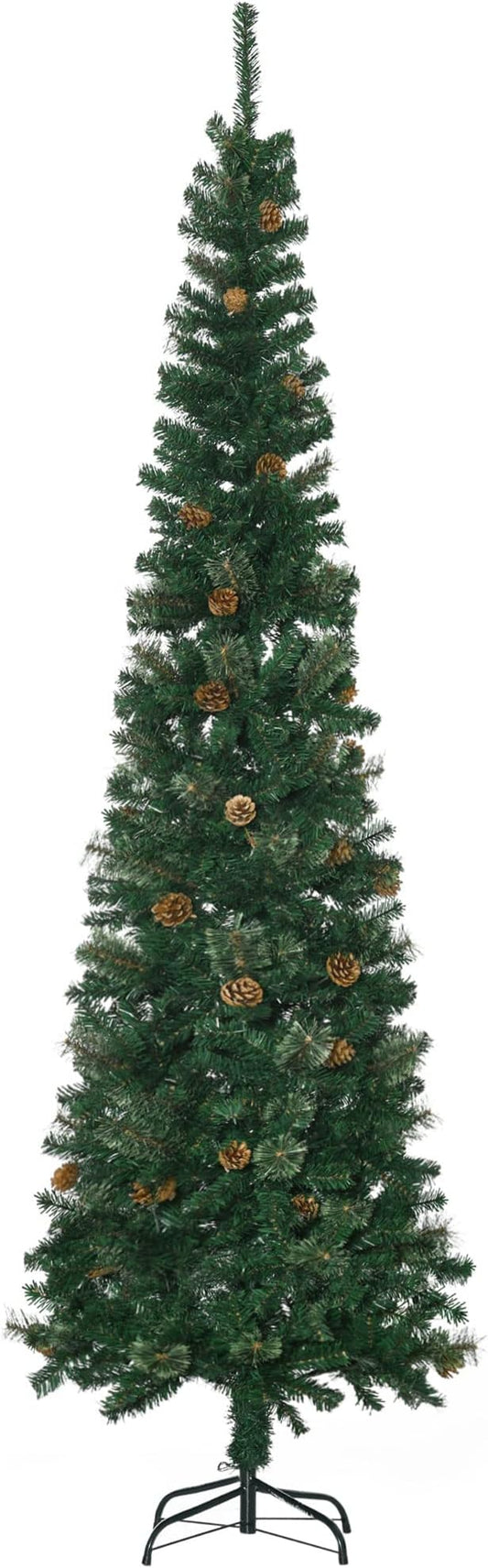 HOMCOM 7.5 Foot Pencil Artificial Christmas Tree, Slim Pine Needles Xmas Tree with Realistic Branches, Pine Cones, Metal Base, Green
