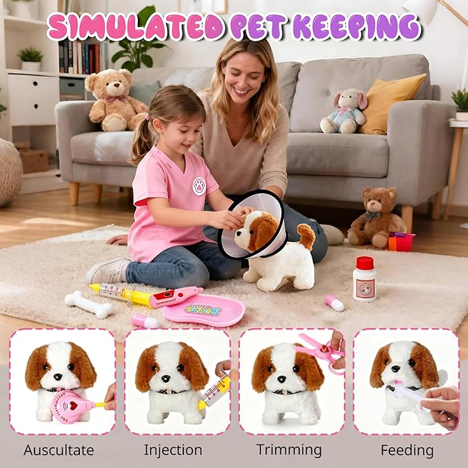 UBeesize Dog Toy Doctor Kit for Toddlers 3-5, Kids Doctor Play Set with Plush Dog, Medical Toy Kits and Costume, Pretend Vet Playset for 3 4 5 6 Year Old Girls Birthday Gift Pink