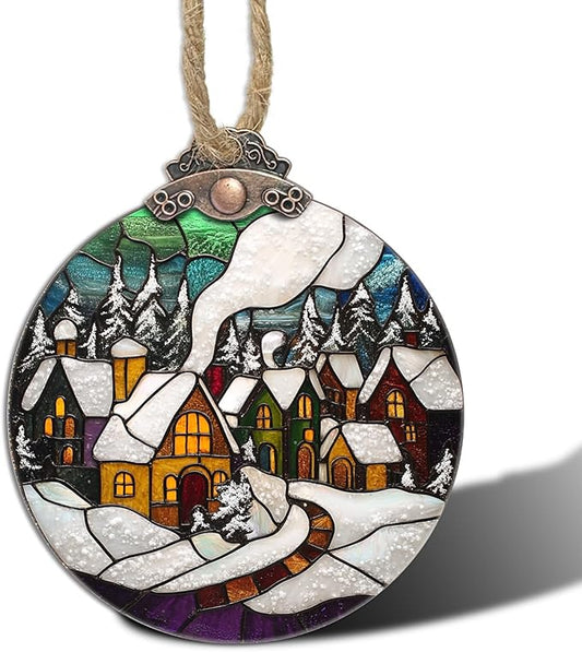 Stained Glass Christmas Decorations, Winter Snow Cabin Suncatcher for Window Christmas Tree Hanging Ornaments Retro White Sun Catcher Xmas Decor Gifts for Women Men Mom Nana Friend