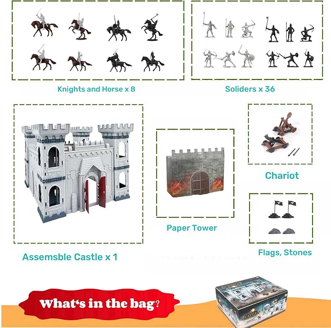 254pcs/set Medieval Castle Knights Toy Soldier - Army Figures Miniature Playset with Castle, Four-Color Soldier, Cavalry and Arrow Tower (Castle and 4 Color Soldiers)