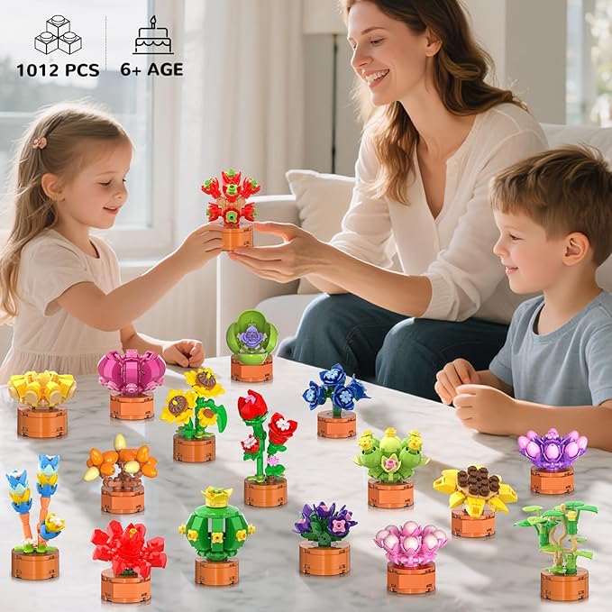 24 Pack Flowers Succulent Party Favors for Kids Building Set - 1012PCS Botanical Bonsai 3.6MM Mini Building Blocks Toy for Classroom Prizes Easter Basket Stuffer Birthday Gift for Girl Boy 6+