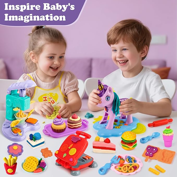 60 PCS 3 in 1 Dough Sets for Kids Ages 3-4-8, Art Crafts Dough Tools Kit, Unicorn Hair Stylist, Ice Cream Playset Hamburger Maker Machine, Kitchen Creations Food Play Toys Boys Girls