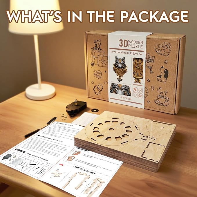 3D Puzzles for Adults Clock-Gray Wolf Design Model Kit-Mechanical DIY Pendulum Clock with Roman Numerals-Desk Home Office Decor Personalized Gift for DIY Lovers