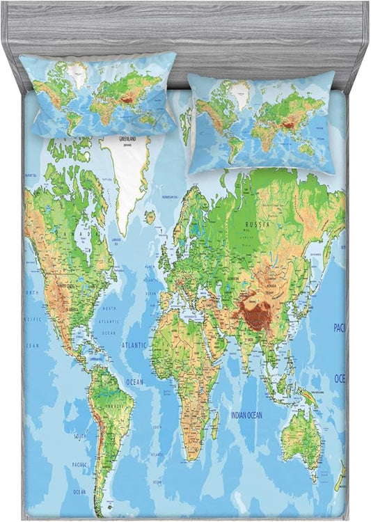 Ambesonne World Map Fitted Sheet & Pillow Sham Set, Classic Map of The Earth Continents Countries Oceans Mountains Vacation Themed, Decorative Printed 2 Piece Bedding Decor Set, Full, Green Blue