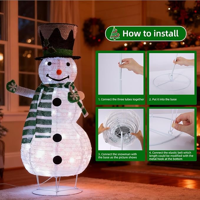Snowman 3D Christmas Collapsible Decorations，Lighted Outdoor Xmas Large Snowman Garden Décor，Pre-Lit for Indoor/Outside Yard Holiday Decoration (Green)
