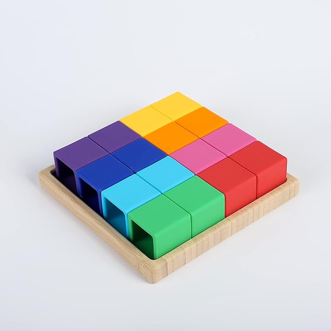 BLUE GINKGO Silicone Rainbow Blocks – [16 PC] Giftable Soft Blocks for Kids, BPA-Free Montessori Stacking Toy with Sorting Tray (Vibrant)