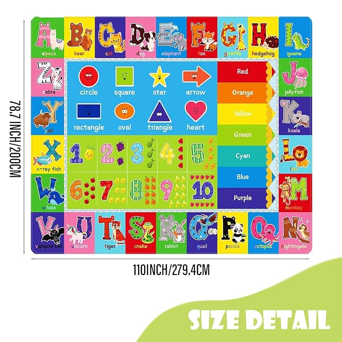 ABC Play Carpet for Kids – Extra Large Preschool Rug with ABCs, Numbers, Animals, and Colors for Playroom & Classroom - (110X78.7 Inches)