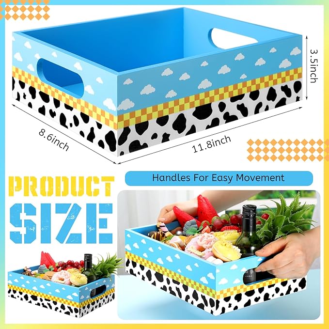 Cartoon Birthday Party Supplies Blue Sky White Clouds Theme Wooden Snack Tray Toy Party Baby Shower Supplies Reusable Snack Organizer with Handles for Decorations