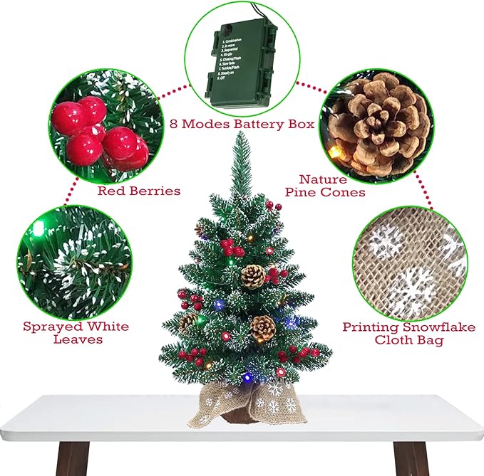 Little Christmas Tree Prelit 24 Inch Mini Christmas Tree for Desktop Decorating - Luxury Christmas Tree with Light| 4 Colors and 8 Modes String Light| Wooden Base and Picture Cloth Bag Wrapped Up