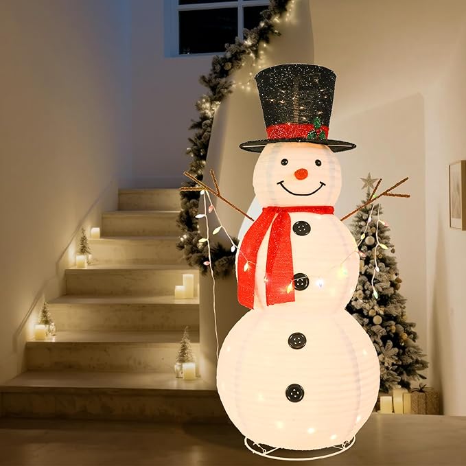 VCUTEKA 5FT Lighted Outdoor Snowman Decoration, Christmas Snowman with Red Scarf and Black Hat Holding Colorful Lights, LED Light-Up Holiday Lawn Yard Garden Décor