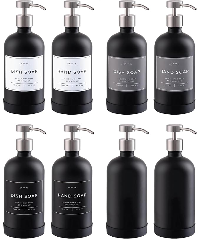 16oz Glass Soap Dispenser with Stainless Steel Pump, 21 Waterproof Labels, Non-Slip Protective Silicone Pad, Set of 2 for Bathroom & Kitchen (Matte Black Bottle/Brushed Silver Pump)