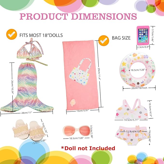 11 Pieces 18 Inch American Doll Bathing Suit Swimsuit with Accessories, Fashion 18 inch Doll Summer Outfits Including Mermaid Outfits,Swimming Circle,Bag,Phone,Shoes,Towel Set