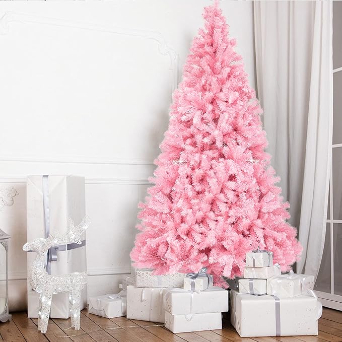 Bonnlo 7ft Unlit Pink Christmas Tree, Artificial Christmas Tree w/1400 Branch Tips, Sturdy Metal Stand, Indoor & Outdoor Xmas Tree for Holiday Decor