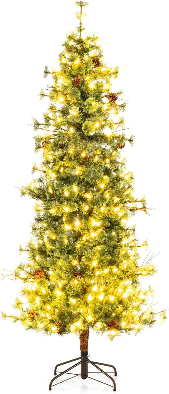 GOFLAME 7FT Pre-lit Christmas Tree, Artificial Xmas Tree with 300 Warm White LED Lights, 502 Branch Tips, Withered Branches, Pine Needles & 28 Pine Cones, Holiday Decoration Tree for Home Party
