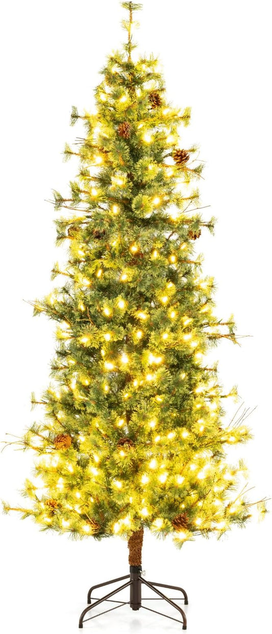 GOFLAME 7FT Pre-lit Christmas Tree, Artificial Xmas Tree with 300 Warm White LED Lights, 502 Branch Tips, Withered Branches, Pine Needles & 28 Pine Cones, Holiday Decoration Tree for Home Party