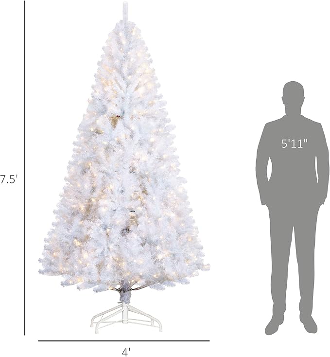 HOMCOM 7.5' Tall Prelit Christmas Tree Douglas Fir Artificial Christmas Tree with Realistic Branches, 500 Warm White LED Lights and 1346 Tips, White